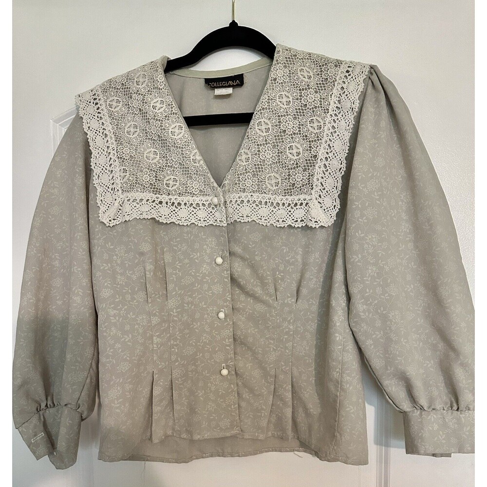 Vintage Collegiana Blouse Women's Size Medium Crochet‎ Collar Floral Made in USA